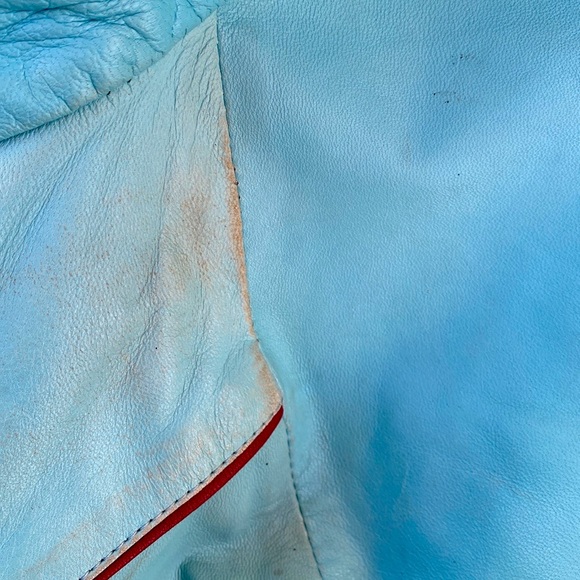 Soft Italian leather amazing turquoise blue biker jacket with oxblood trim. - Picture 5 of 9